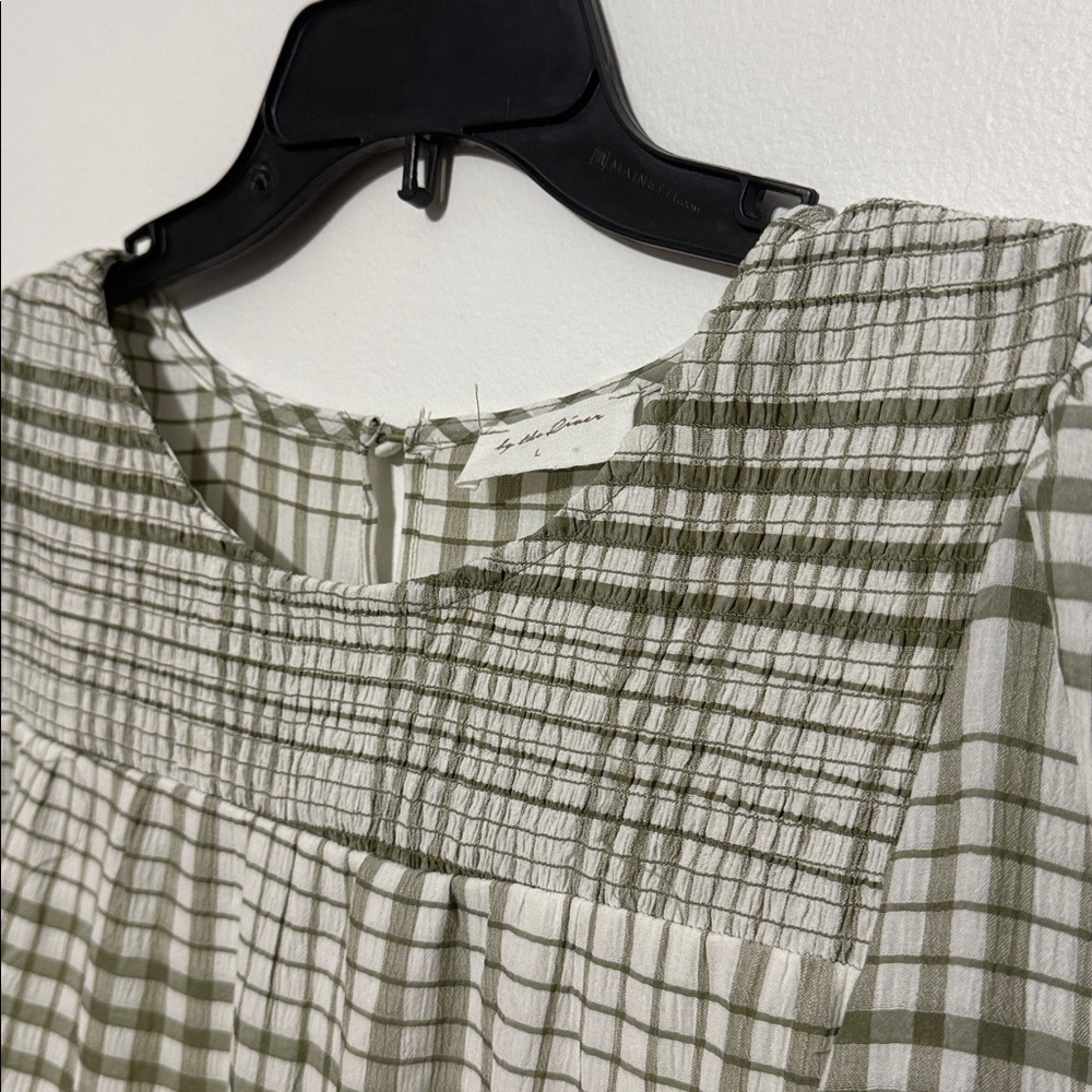 By The River, Anthropology Brand Gingham Sage Green White Dress View 4